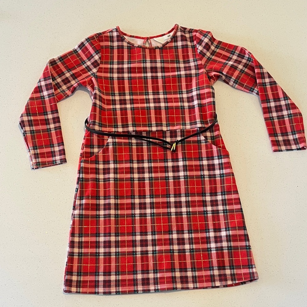 H&M Kids Red Plaid Dress with Belt Size 6-8 years